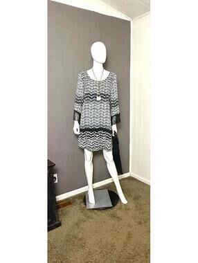 1990's Black + White Tunic Dress with Fringe Trim from Karen Kane size XL